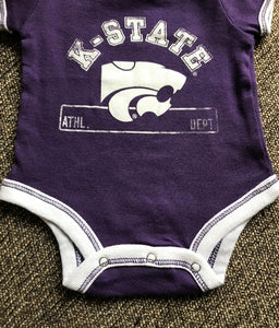 0-3 MONTHS PURPLE AND WHITE KANSAS STATE BABY BODYSUIT