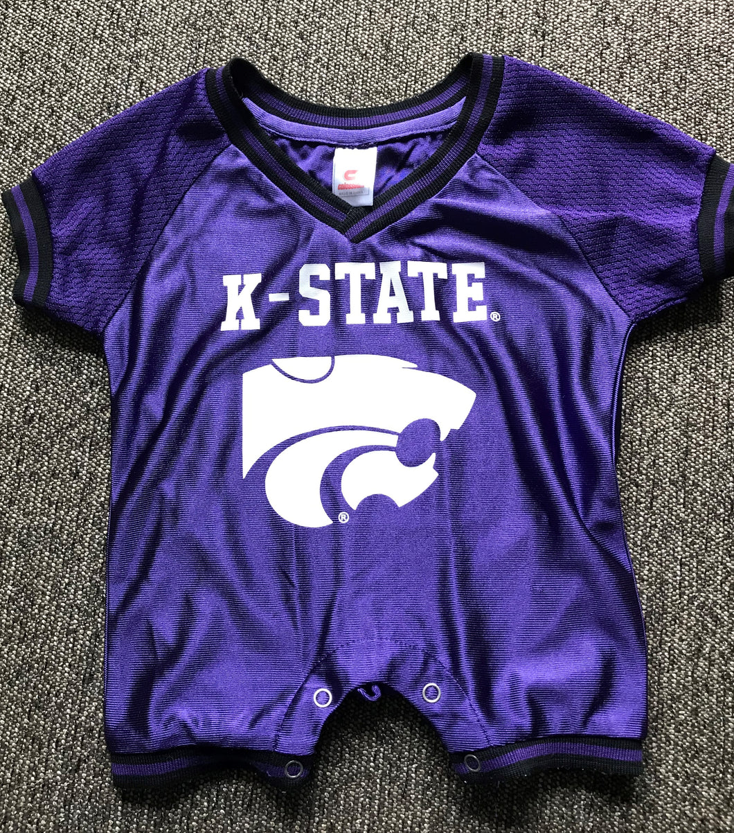 6-12 MONTHS MINI FOOTBALL PLAYER ONE-PIECE K-STATE PURPLE ROMPER