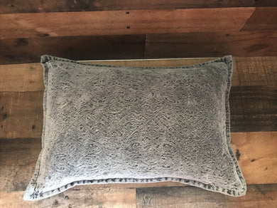 STONEWASHED GRAY-DENIM, DAMASK-PATTERN LUMBAR PILLOW (PRETTY, PRETTY, PRETTY AND SUCH HIGH-QUALITY!)