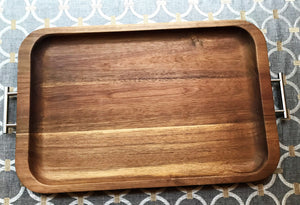 EXTRA-BEAUTIFUL, EXTRA-STURDY ACACIA WOOD TRAY WITH STAINLESS-STEEL HANDLES (BEAUTIFUL WOOD GRAIN)
