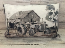 VINTAGE-LOOK TRACTOR AND BARN SCENE LUMBAR-STYLE THROW PILLOW