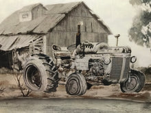 VINTAGE-LOOK TRACTOR AND BARN SCENE LUMBAR-STYLE THROW PILLOW