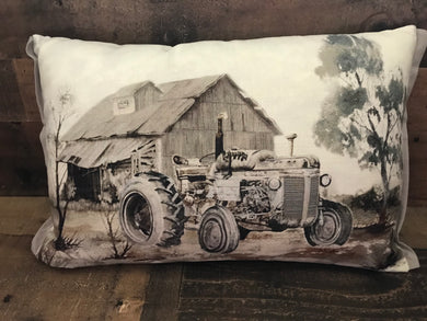 VINTAGE-LOOK TRACTOR AND BARN SCENE LUMBAR-STYLE THROW PILLOW