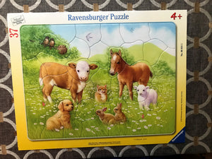 CHILDREN'S 37-PIECE RAVENSBURGER TRAY PUZZLE WITH SWEET BABY ANIMALS OUT IN THE FIELD