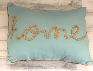 GORGEOUS, AQUA ROPE-WORD "HOME" LUMBAR-STYLE PILLOW