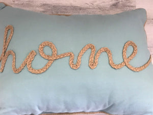 GORGEOUS, AQUA ROPE-WORD "HOME" LUMBAR-STYLE PILLOW