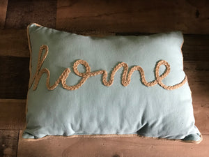 GORGEOUS, AQUA ROPE-WORD "HOME" LUMBAR-STYLE PILLOW