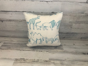 DOUBLE-SIDED DESIGNER THROW PILLOW:  BABY BLUE AND WHITE WILD ANIMALS/COMPASS NAUTICAL PATTERN