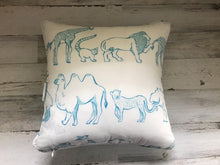 DOUBLE-SIDED DESIGNER THROW PILLOW:  BABY BLUE AND WHITE WILD ANIMALS/COMPASS NAUTICAL PATTERN