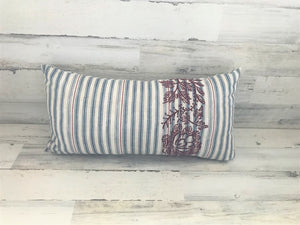 EXTRA-BEAUTIFUL AND EXTRA-BIG, FARMHOUSE-STYLE LUMBAR THROW PILLOW (TICKING FABRIC WITH EMBROIDERY FLORAL ACCENT)