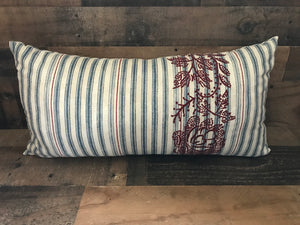 EXTRA-BEAUTIFUL AND EXTRA-BIG, FARMHOUSE-STYLE LUMBAR THROW PILLOW (TICKING FABRIC WITH EMBROIDERY FLORAL ACCENT)