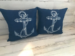 GORGEOUS, NAUTICAL, NAVY-BLUE THROW PILLOW WITH LARGE, WHITE ANCHOR ON BOTH SIDES