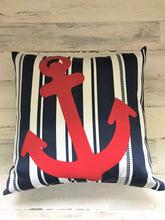 RED, WHITE, AND BLUE, BEAUTIFUL NAUTICAL THROW PILLOW (FEATURES A BRIGHT-RED, BIG ANCHOR)