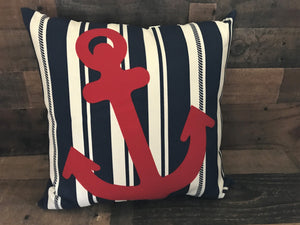 RED, WHITE, AND BLUE, BEAUTIFUL NAUTICAL THROW PILLOW (FEATURES A BRIGHT-RED, BIG ANCHOR)