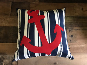 RED, WHITE, AND BLUE, BEAUTIFUL NAUTICAL THROW PILLOW (FEATURES A BRIGHT-RED, BIG ANCHOR)