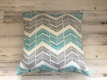 SUPER-PRETTY, CONTEMPORARY/TRIBAL-LOOK TEAL, GRAY, AND IVORY CHEVRON-STRIPED THROW PILLOW (OVER-SIZED)