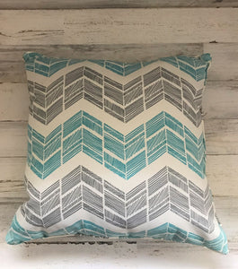 SUPER-PRETTY, CONTEMPORARY/TRIBAL-LOOK TEAL, GRAY, AND IVORY CHEVRON-STRIPED THROW PILLOW (OVER-SIZED)