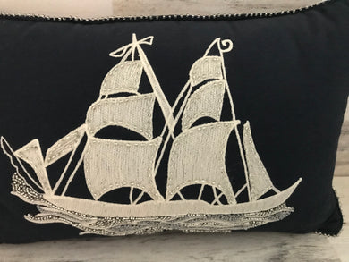 NAUTICAL HIGH-STYLE, BEAUTIFUL SCHOONER SHIP LUMBAR THROW PILLOW (NAVY-BLUE AND CREAM, WITH EMBROIDERY/BEADING)