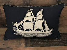 NAUTICAL HIGH-STYLE, BEAUTIFUL SCHOONER SHIP LUMBAR THROW PILLOW (NAVY-BLUE AND CREAM, WITH EMBROIDERY/BEADING)