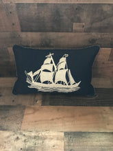 NAUTICAL HIGH-STYLE, BEAUTIFUL SCHOONER SHIP LUMBAR THROW PILLOW (NAVY-BLUE AND CREAM, WITH EMBROIDERY/BEADING)