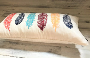 COLORFUL, EMBROIDERY FEATHERS LUMBAR-STYLE DESIGNER THROW PILLOW