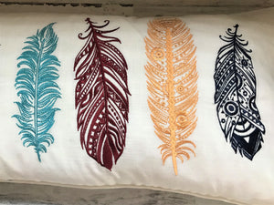 COLORFUL, EMBROIDERY FEATHERS LUMBAR-STYLE DESIGNER THROW PILLOW