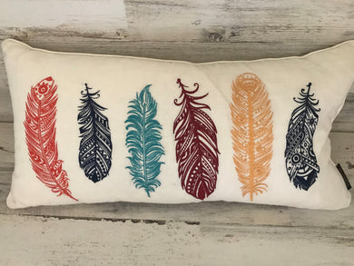 COLORFUL, EMBROIDERY FEATHERS LUMBAR-STYLE DESIGNER THROW PILLOW