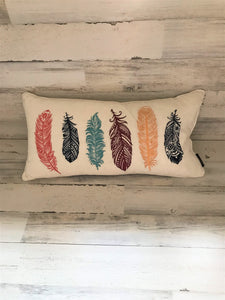 COLORFUL, EMBROIDERY FEATHERS LUMBAR-STYLE DESIGNER THROW PILLOW