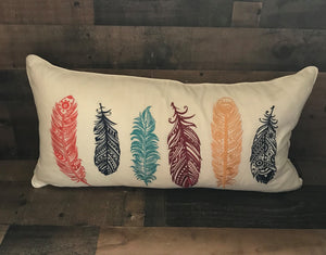 COLORFUL, EMBROIDERY FEATHERS LUMBAR-STYLE DESIGNER THROW PILLOW