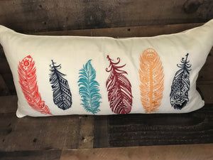 COLORFUL, EMBROIDERY FEATHERS LUMBAR-STYLE DESIGNER THROW PILLOW