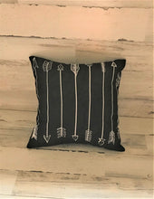MIDNIGHT-BLUE, SMALLER THROW PILLOW WITH ROWS OF WHITE ARROWS