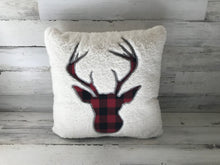 PLUSHY-FLEECE AND RED/BLACK BUFFALO-CHECK PLAID DEER SILHOUETTE HOLIDAY THROW PILLOW