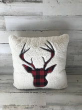 PLUSHY-FLEECE AND RED/BLACK BUFFALO-CHECK PLAID DEER SILHOUETTE HOLIDAY THROW PILLOW