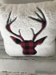 PLUSHY-FLEECE AND RED/BLACK BUFFALO-CHECK PLAID DEER SILHOUETTE HOLIDAY THROW PILLOW