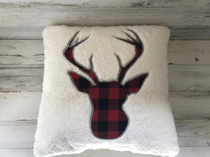 PLUSHY-FLEECE AND RED/BLACK BUFFALO-CHECK PLAID DEER SILHOUETTE HOLIDAY THROW PILLOW