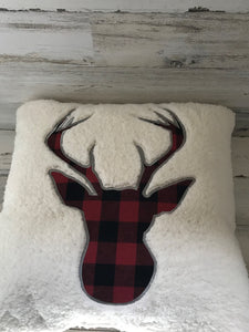 PLUSHY-FLEECE AND RED/BLACK BUFFALO-CHECK PLAID DEER SILHOUETTE HOLIDAY THROW PILLOW