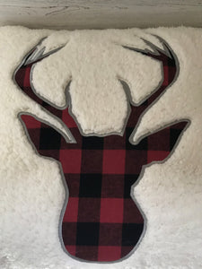 PLUSHY-FLEECE AND RED/BLACK BUFFALO-CHECK PLAID DEER SILHOUETTE HOLIDAY THROW PILLOW