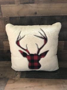 PLUSHY-FLEECE AND RED/BLACK BUFFALO-CHECK PLAID DEER SILHOUETTE HOLIDAY THROW PILLOW