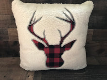 PLUSHY-FLEECE AND RED/BLACK BUFFALO-CHECK PLAID DEER SILHOUETTE HOLIDAY THROW PILLOW