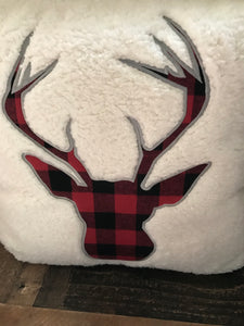 PLUSHY-FLEECE AND RED/BLACK BUFFALO-CHECK PLAID DEER SILHOUETTE HOLIDAY THROW PILLOW