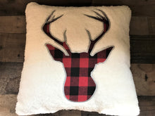 PLUSHY-FLEECE AND RED/BLACK BUFFALO-CHECK PLAID DEER SILHOUETTE HOLIDAY THROW PILLOW