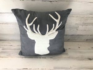 HIGH-QUALITY GRAY SUEDE THROW PILLOW WITH GORGEOUS DEER SILHOUETTE IN IVORY FLEECE