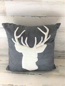 HIGH-QUALITY GRAY SUEDE THROW PILLOW WITH GORGEOUS DEER SILHOUETTE IN IVORY FLEECE