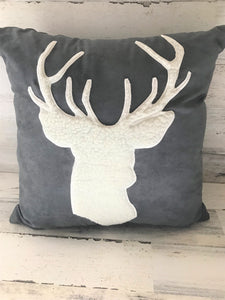 HIGH-QUALITY GRAY SUEDE THROW PILLOW WITH GORGEOUS DEER SILHOUETTE IN IVORY FLEECE