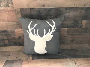 HIGH-QUALITY GRAY SUEDE THROW PILLOW WITH GORGEOUS DEER SILHOUETTE IN IVORY FLEECE