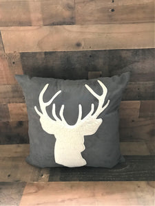 HIGH-QUALITY GRAY SUEDE THROW PILLOW WITH GORGEOUS DEER SILHOUETTE IN IVORY FLEECE