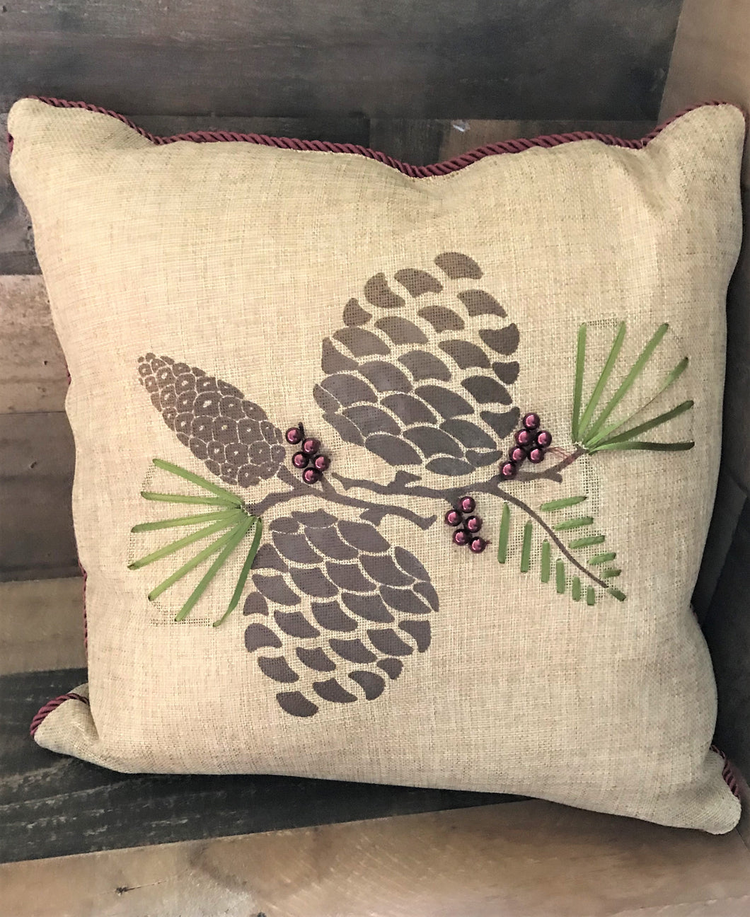 BERRY PRETTY 3-D PINE CONES AND BERRIES THROW PILLOW