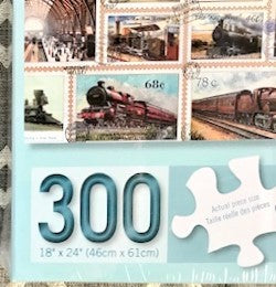 300-LARGE PIECE VINTAGE TRAIN STAMPS PUZZLE (MADE IN THE USA!)