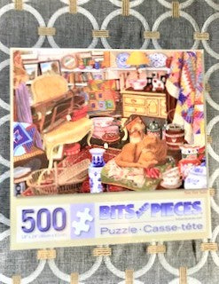 CAT-LOVERS/RETRO-THEMED 500-PIECE ANTIQUE BOOTH PUZZLE (THE CAT'S NOT-FOR-SALE!)