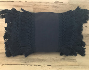 HIGH-QUALITY, DARK-BLUE, FANCY-FRINGE-Y LUMBAR THROW PILLOW